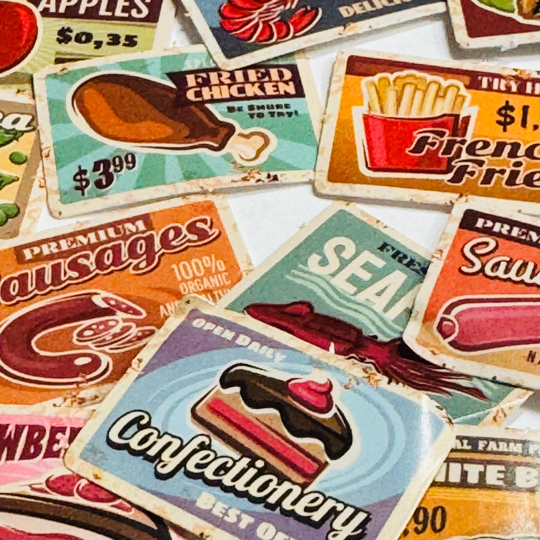 VINTAGE RETRO GROCERY FOOD Advertising Peelable Stickers  ~ 45 Pieces ~ Each Sticker is 38mm x 38mm