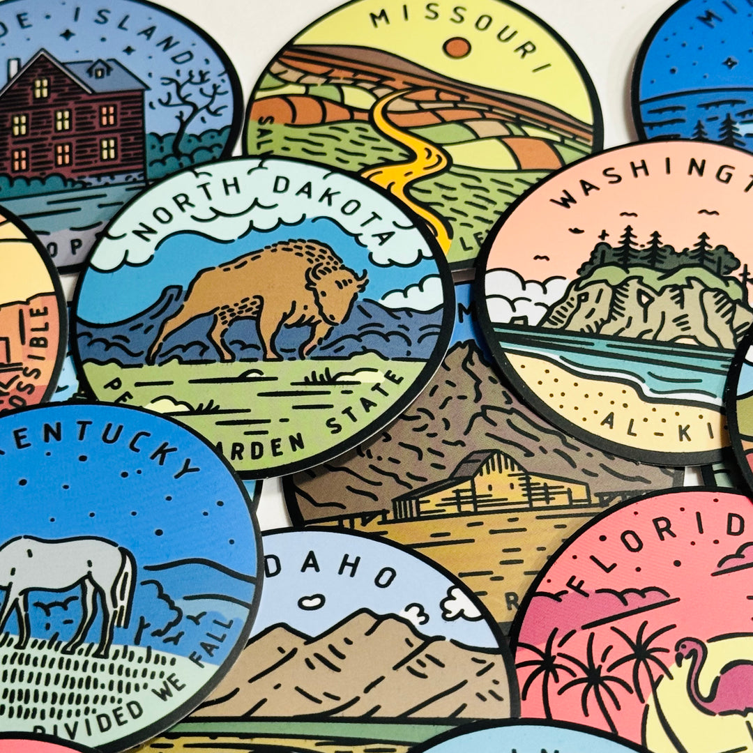 US STATE LANDSCAPE TRAVEL Peelable Stickers for Memory Keeping  ~ 50 Pieces ~ Each Sticker is 2" Diameter