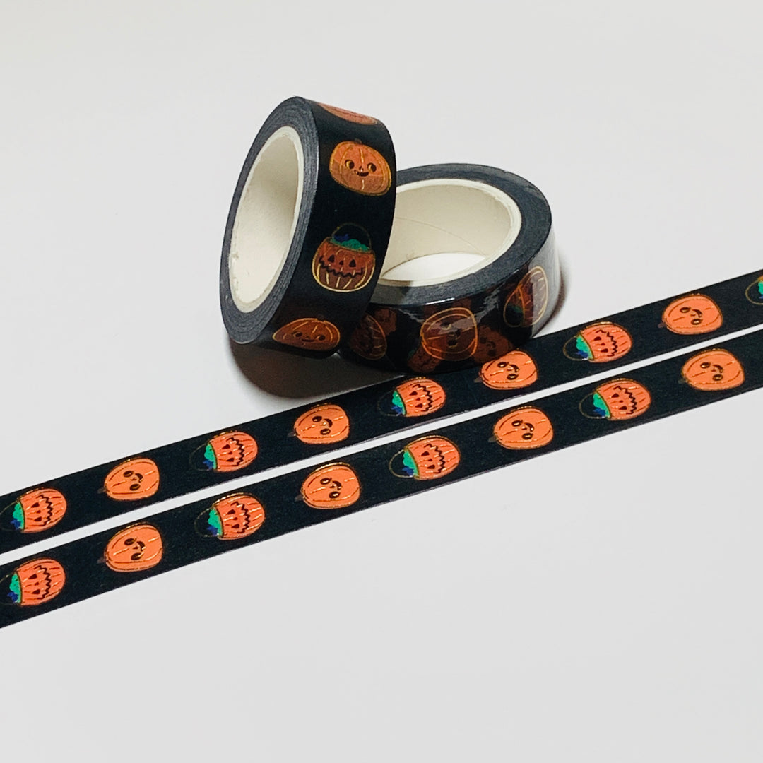 DECORATIVE JACK-O-LANTERNS IN Gold Foil Halloween Washi Tape ~ 1 Roll ~ 15mm x 10m (33 Feet)