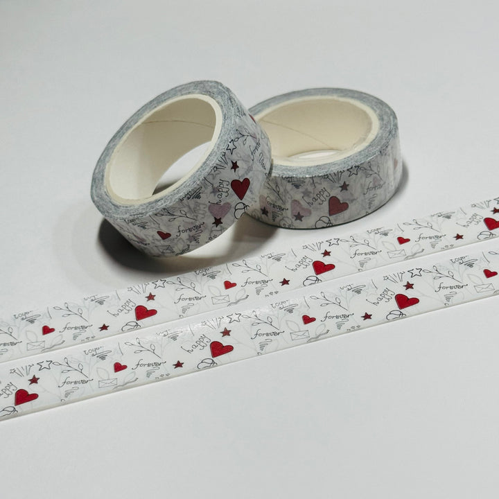 HAPPY FOREVER BLACK WHITE RED Valentine Washi Tape ~ 1 Roll ~ 15mm x 10m (33 Feet)