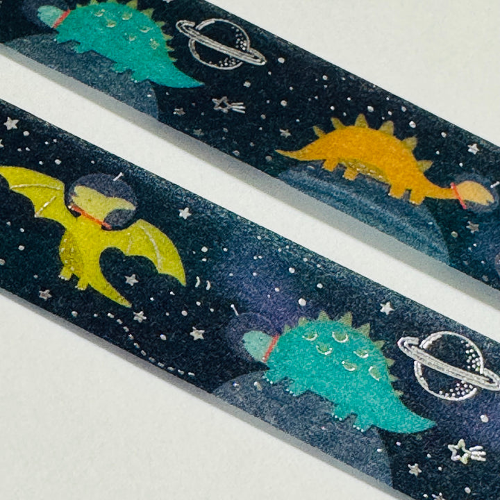 DINOSAURS In SPACE SILVER Foil Saien Masking Washi Tape ~ 1 Roll ~ 15mm x 7m (23 Feet)