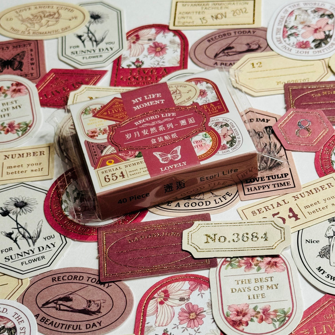 RECORD MY LIFE MOMENTS Gold Foil Label Stickers Box ~ 40 Stickers ~ 46-57mm Each