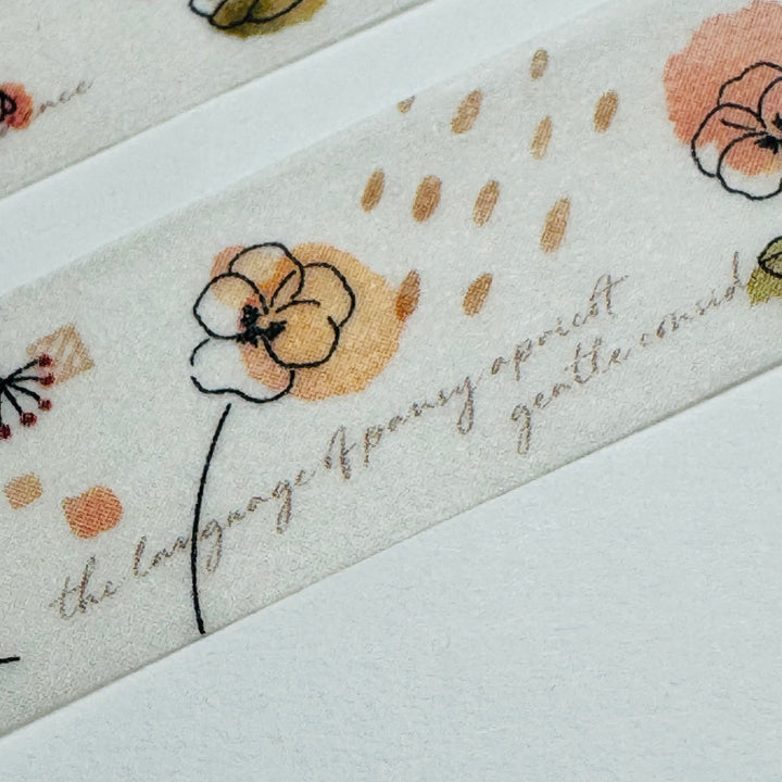 SKETCHED APRICOT PANSIES Floral Saien Masking Washi Tape ~ 1 Roll ~ 15mm x 7m (23 Feet)