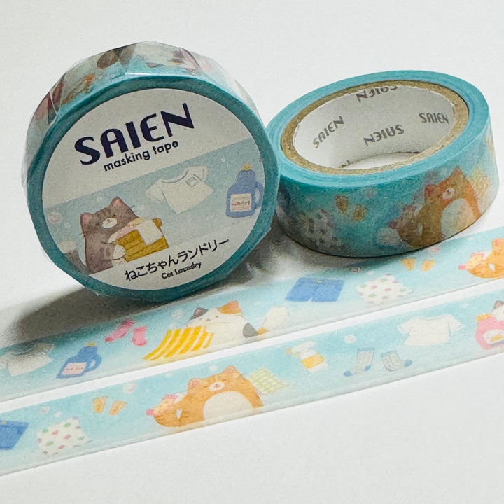 CAT LAUNDRY DAY Saien Masking Washi Tape ~ 1 Roll ~ 15mm x 7m (23 Feet)