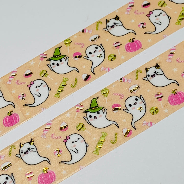 TRICK OR TREATING GHOSTS In Peach & Gold Foil Halloween Washi Tape ~ 1 Roll ~ 15mm x 10m (33 Feet)