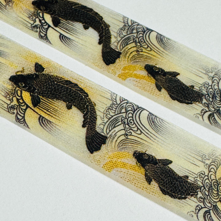 KIMONO BLACK & GOLD CARP Silver Foil Saien Washi Tape ~ 1 Roll ~ 15mm x 7m (23 Feet)