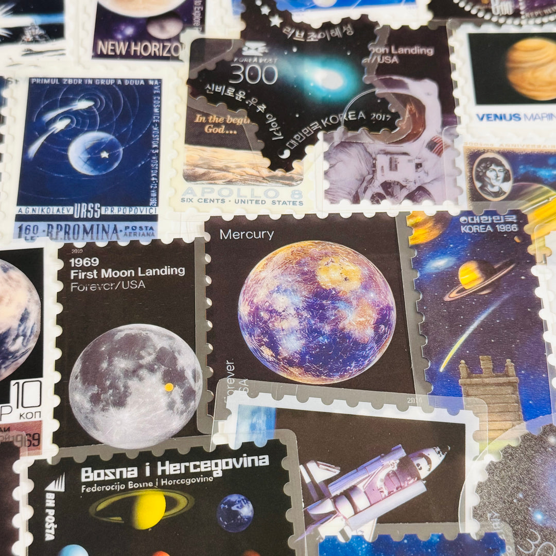 SCIENTIFIC GALAXY NIGHT SKY Space Stamp Peelable PET Stickers  ~ 55 Pieces ~ Approximately 2 Inches Each