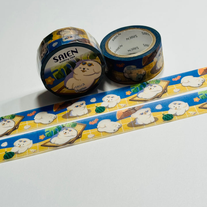 SUNBATHING PUPPIES On VACATION Saien Masking Washi Tape ~ 1 Roll ~ 20mm x 7m (23 Feet)