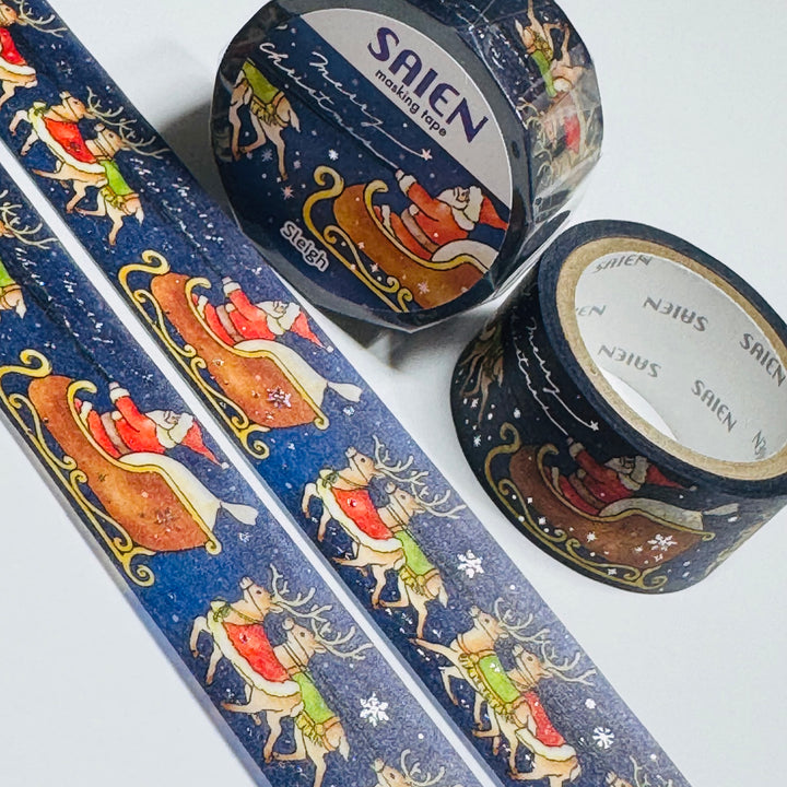 SANTA'S SLEIGH And REINDEERS Christmas Saien Silver Foil Masking Washi Tape ~ 1 Roll ~ 20mm x 5m (16 Feet)