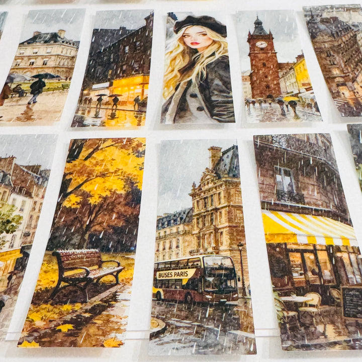 RAINY DAY GIRL In The City Ephemera Sticker Pack ~ 25 Pieces ~ 30mm x 95mm
