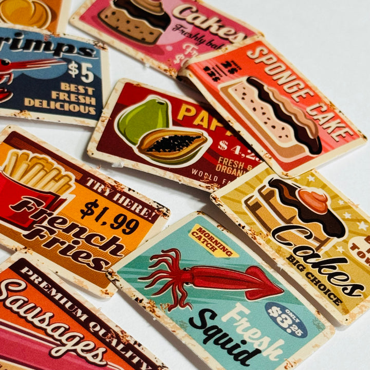VINTAGE RETRO GROCERY FOOD Advertising Peelable Stickers  ~ 45 Pieces ~ Each Sticker is 38mm x 38mm
