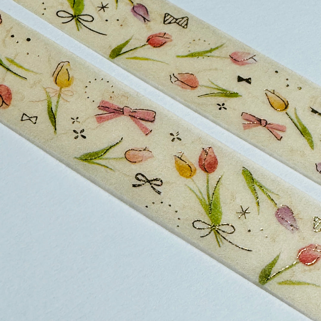 GOLD ROMANTIC TULIPS Floral Foil Saien Masking Washi Tape ~ 1 Roll ~ 15mm x 7m (23 Feet)