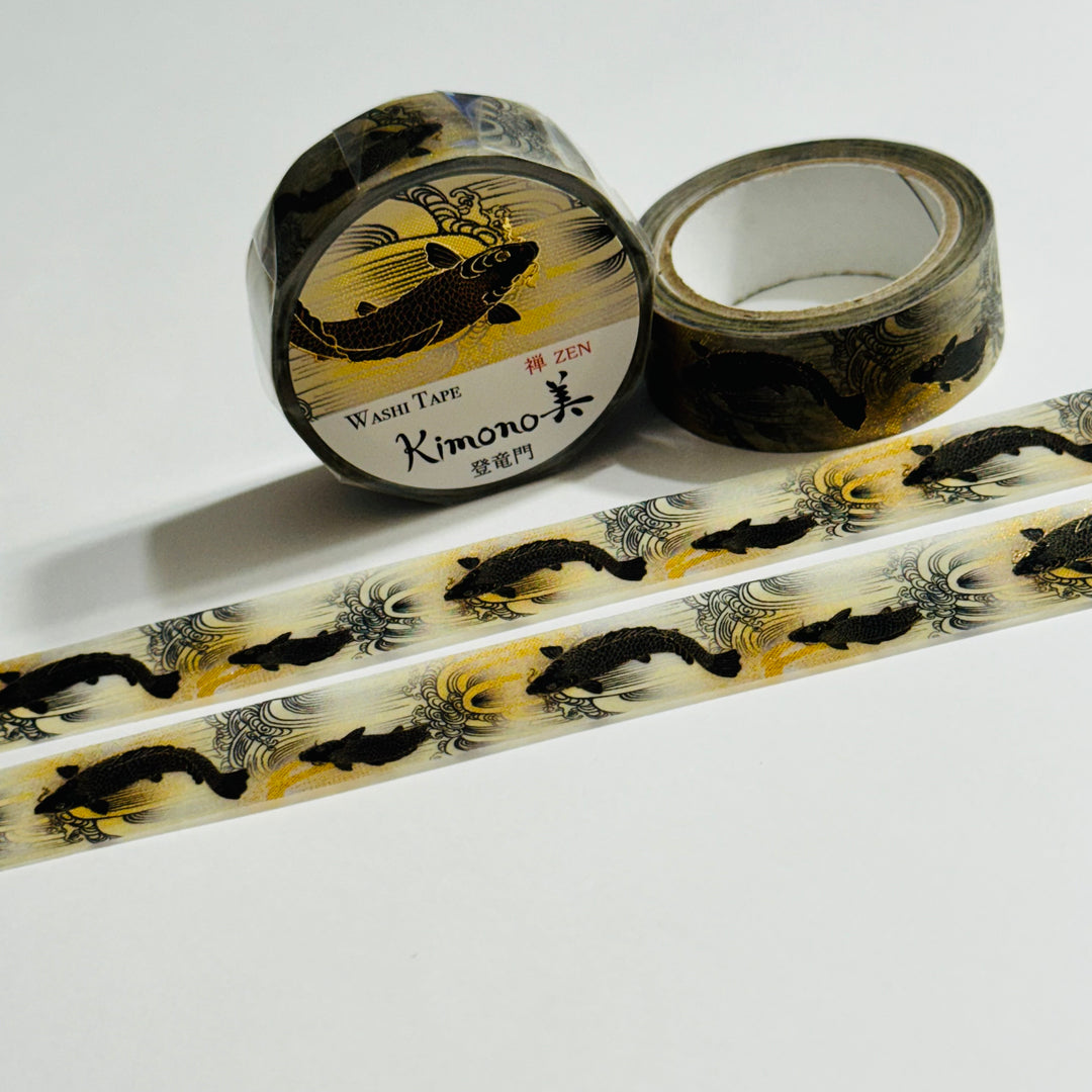 KIMONO BLACK & GOLD CARP Silver Foil Saien Washi Tape ~ 1 Roll ~ 15mm x 7m (23 Feet)