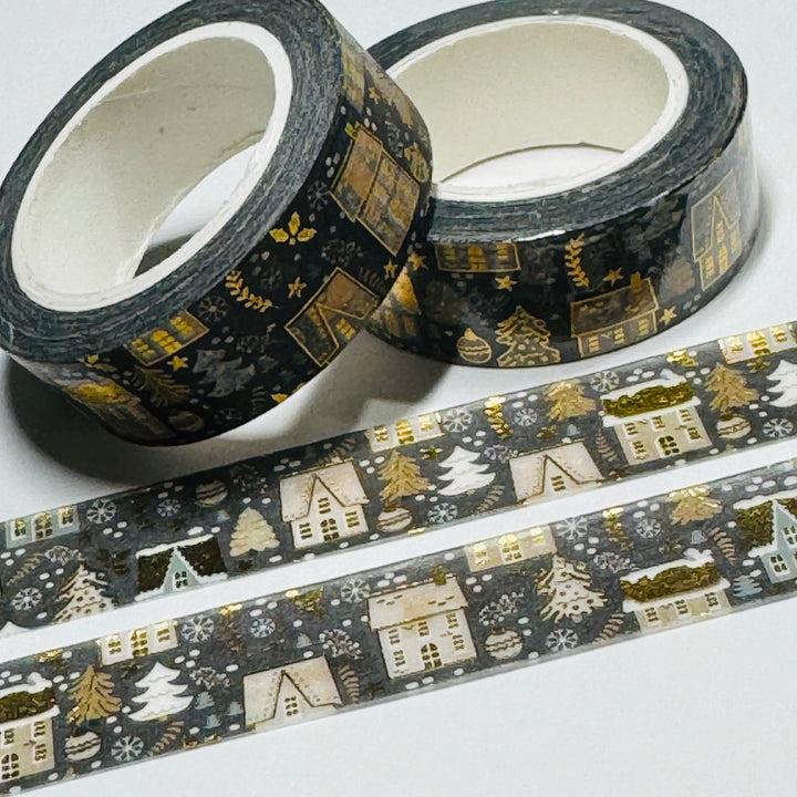 MONOCHROMATIC CHRISTMAS VILLAGE Gold Foil Washi Tape ~ 1 Roll ~ 15mm x 10m (33 Feet)