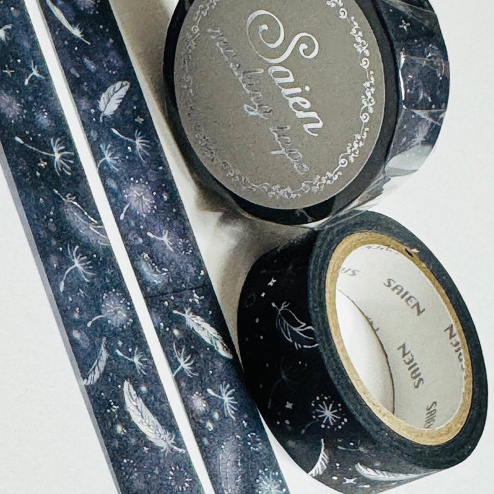 FEATHERS FLOATING THROUGH SPACE SILVER Foil Saien Masking Washi Tape ~ 1 Roll ~ 15mm x 7m (23 Feet)
