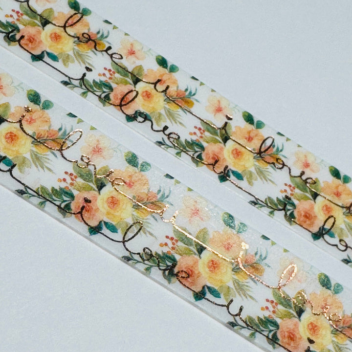 YELLOW ROSES I LOVE YOU Gold Foil Overlay Washi Tape ~ 1 Roll ~ 15mm x 10m (33 Feet)