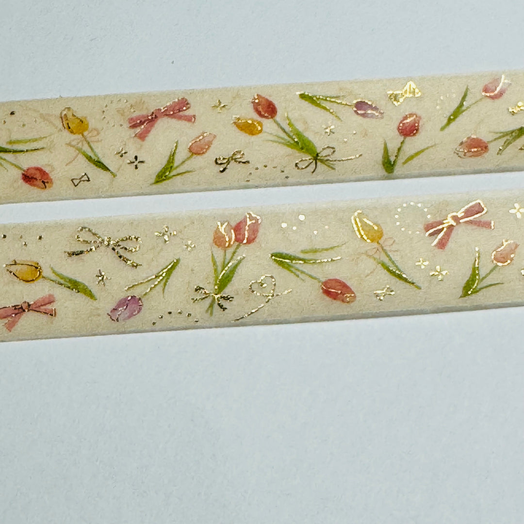 GOLD ROMANTIC TULIPS Floral Foil Saien Masking Washi Tape ~ 1 Roll ~ 15mm x 7m (23 Feet)