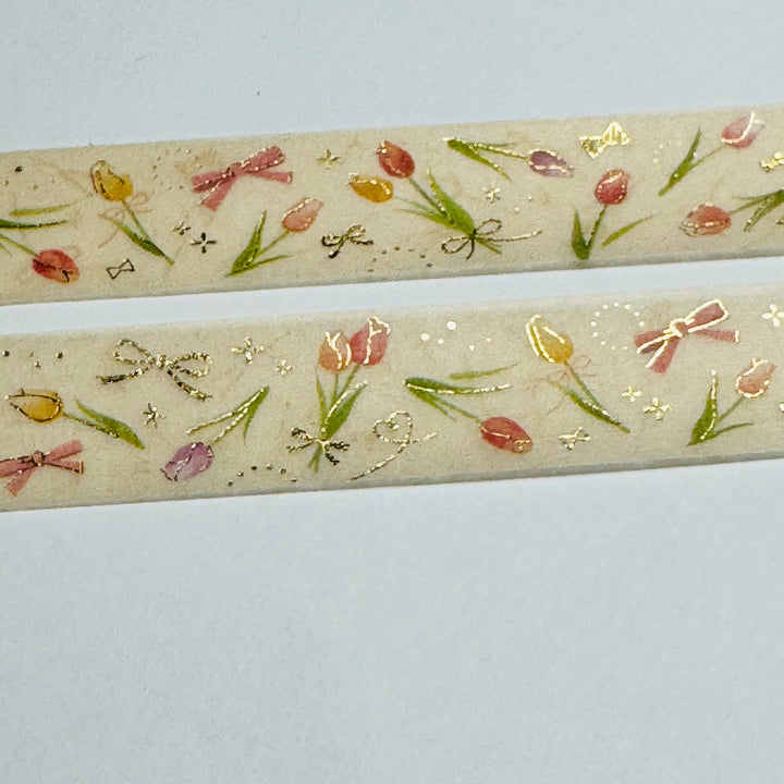 GOLD ROMANTIC TULIPS Floral Foil Saien Masking Washi Tape ~ 1 Roll ~ 15mm x 7m (23 Feet)