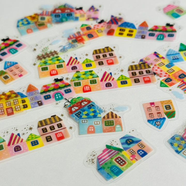 RAINBOW ROW HOUSES Neighborhood Gold Foil World Craft Sticker Flakes Pack ~ 36 Stickers ~ 12 Designs (3 of Each Design)