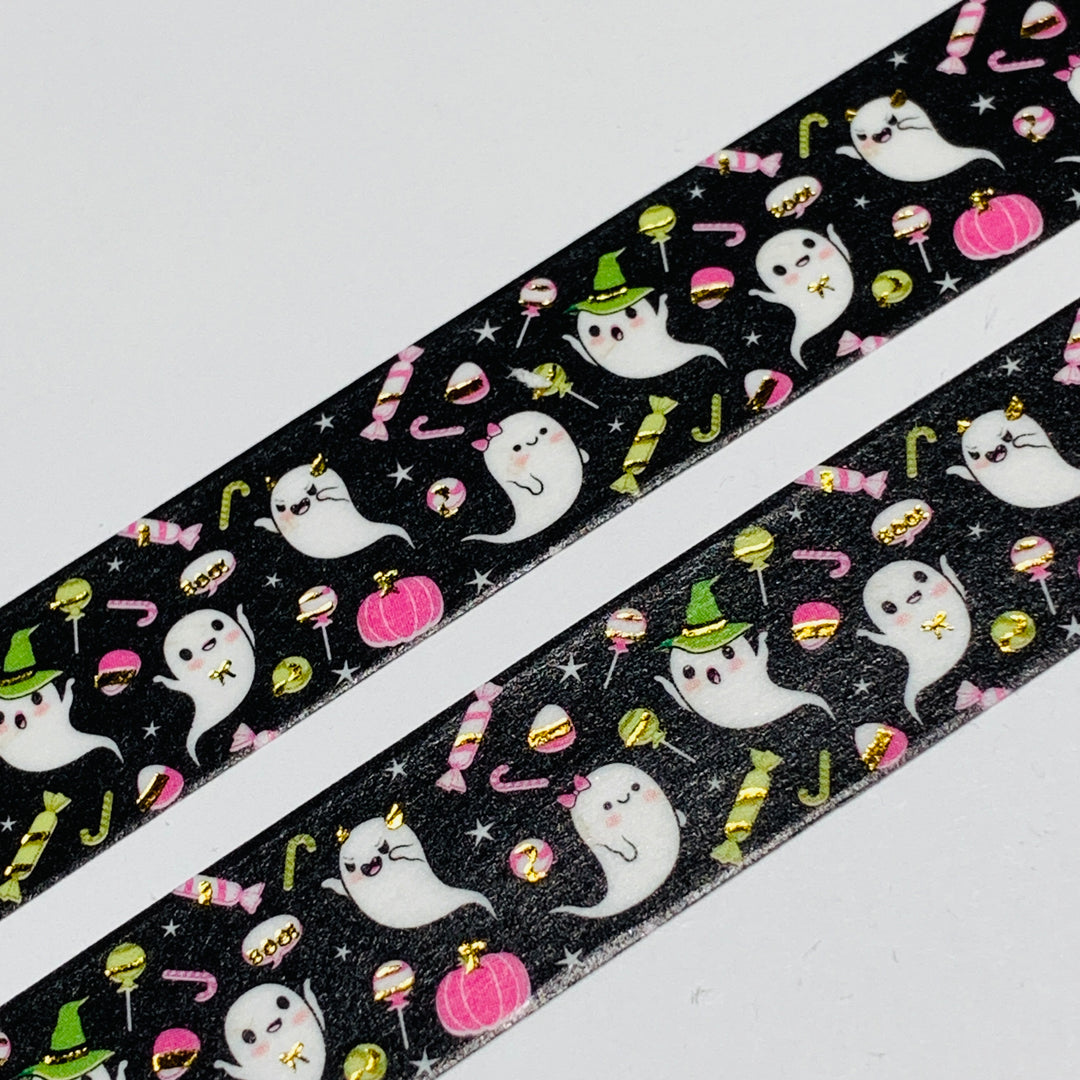 TRICK OR TREATING GHOSTS In Black & Gold Foil Halloween Washi Tape ~ 1 Roll ~ 15mm x 10m (33 Feet)