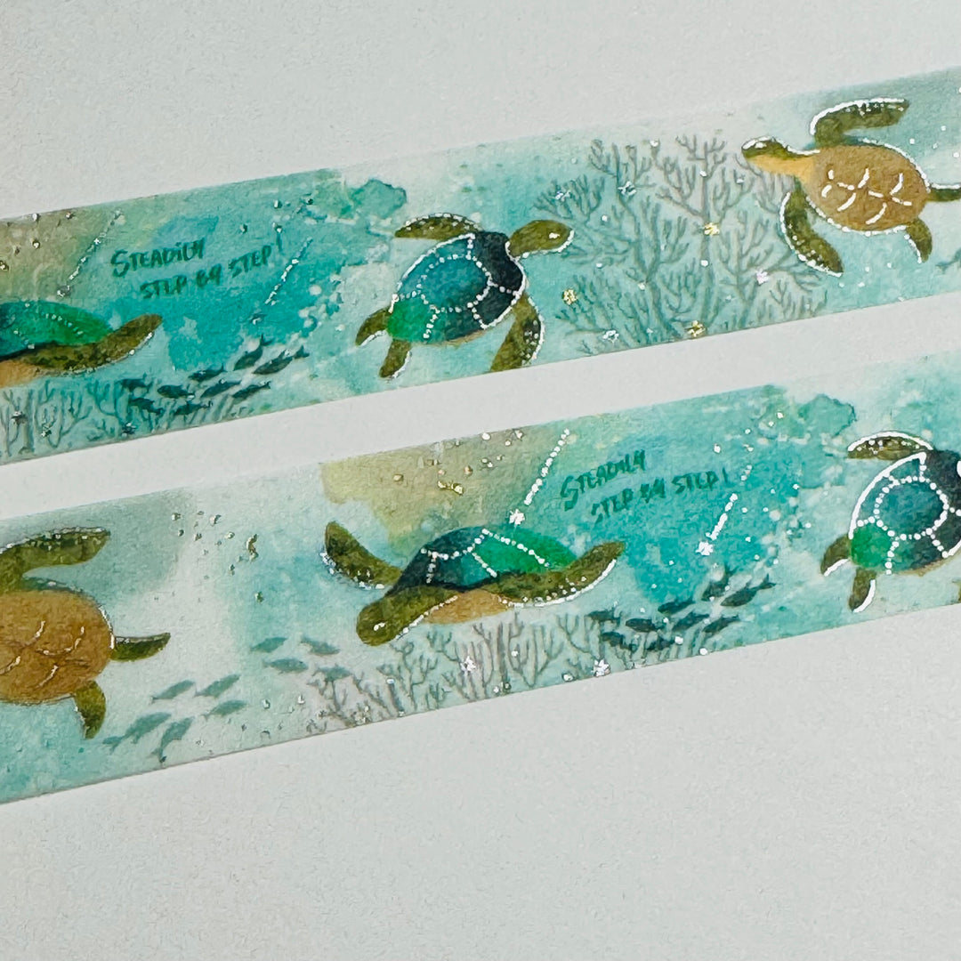 SWIMMING SEA TURTLES  Silver Foil Saien Masking Washi Tape ~ 1 Roll ~ 20mm x 5m (16 Feet)