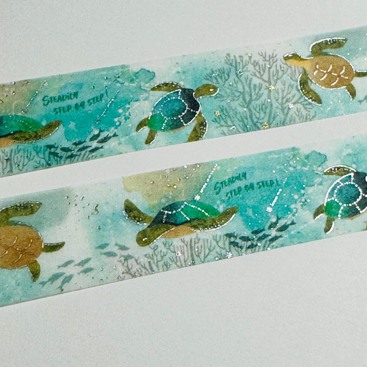 SWIMMING SEA TURTLES  Silver Foil Saien Masking Washi Tape ~ 1 Roll ~ 20mm x 5m (16 Feet)