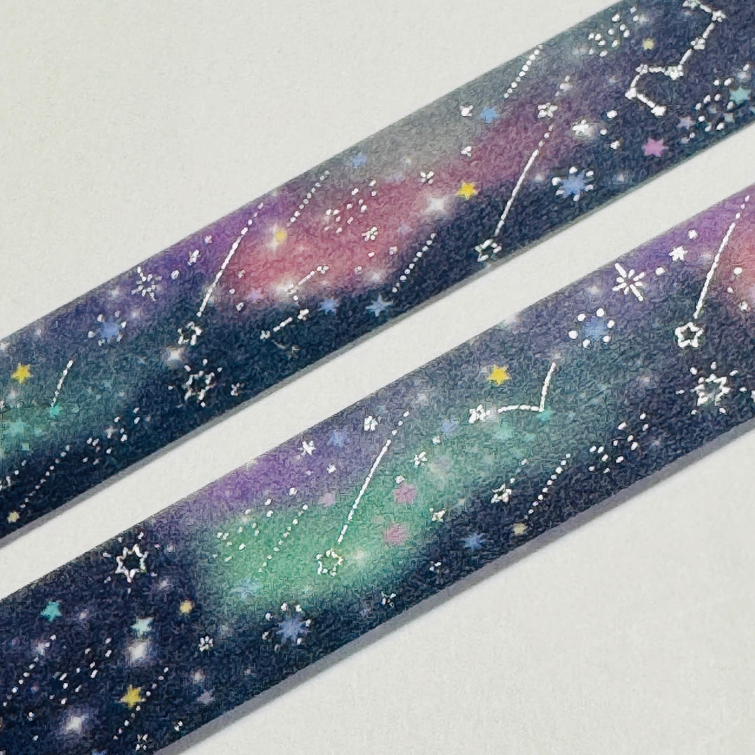 PLANETARIUM SHOOTING STARS SILVER Foil Saien Masking Washi Tape ~ 1 Roll ~ 15mm x 7m (23 Feet)