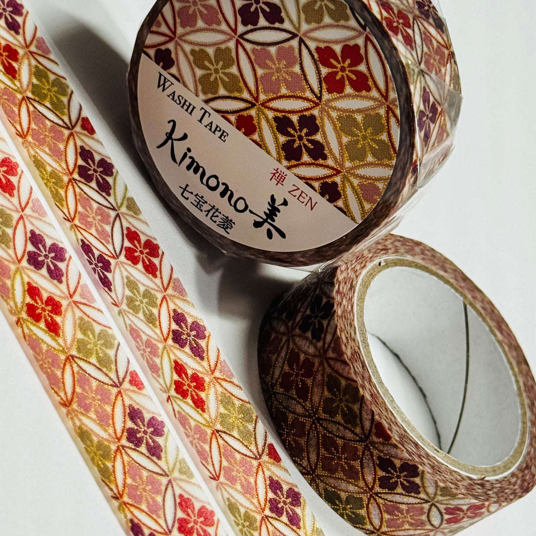 GORGEOUS FALL FLORAL KIMONO In Gold Foil Saien Masking Washi Tape ~ 1 Roll ~ 15mm x 7m (23 Feet)