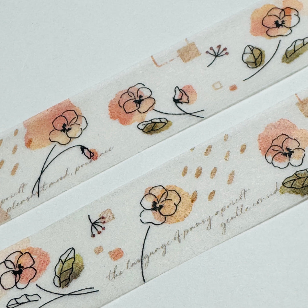 SKETCHED APRICOT PANSIES Floral Saien Masking Washi Tape ~ 1 Roll ~ 15mm x 7m (23 Feet)