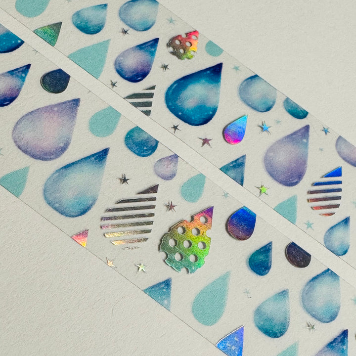 PRISM RAIN Drops Silver Foil World Craft PET Washi Tape ~ 1 Roll ~ 20mm x 5m (16 Feet)