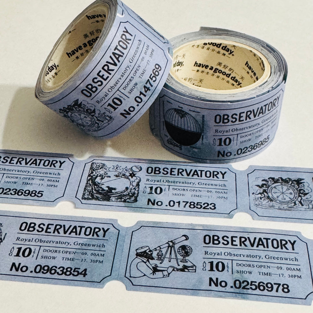 OBSERVATORY EXHIBITION ASTRONOMY Blue Kraft Tickets Washi Tape ~ 1 Roll ~ 25mm x 3m (10 Feet)