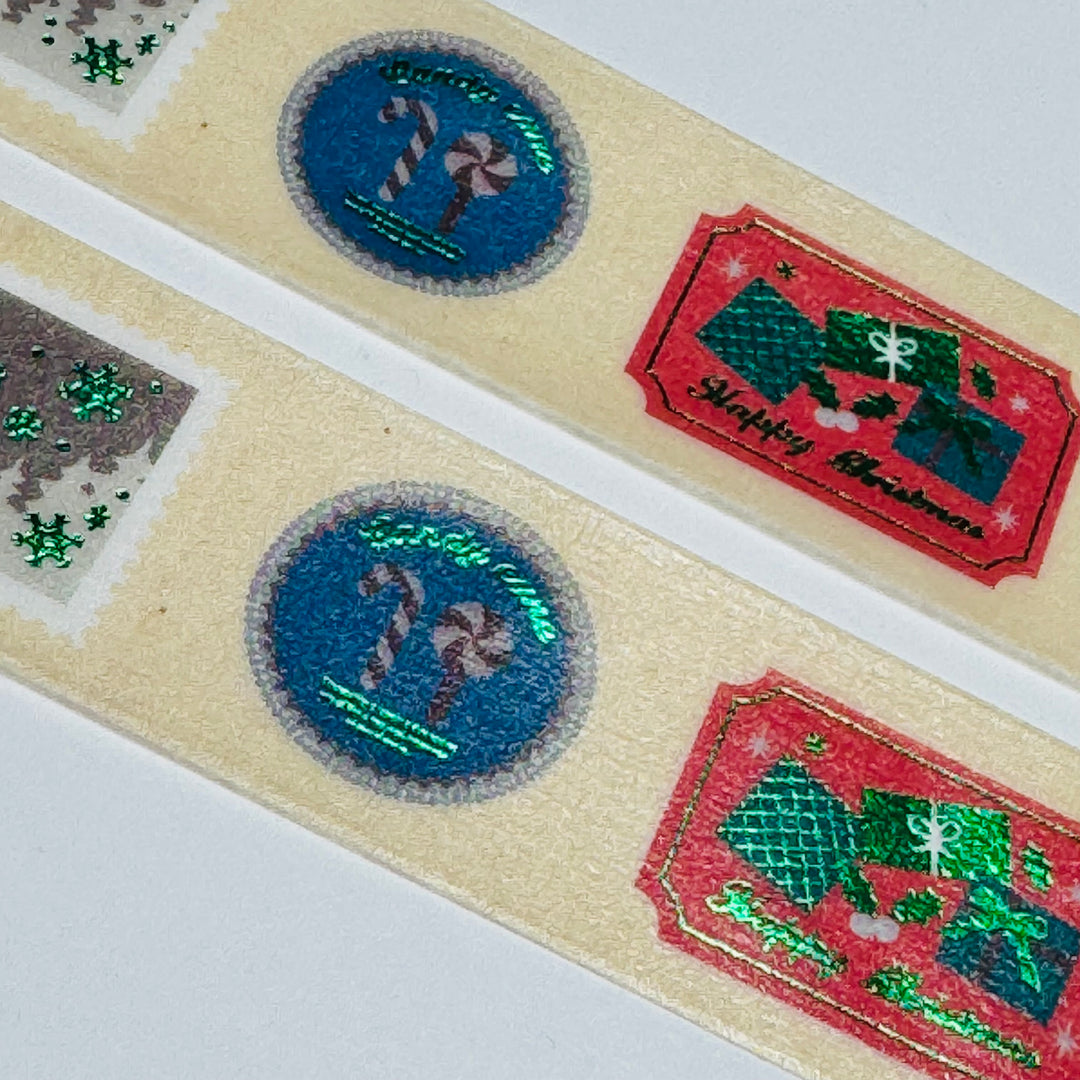 CHRISTMAS STICKERS With GREEN FOIL MT Washi Tape - 1 Roll - 24mm x 5m (16 Feet)