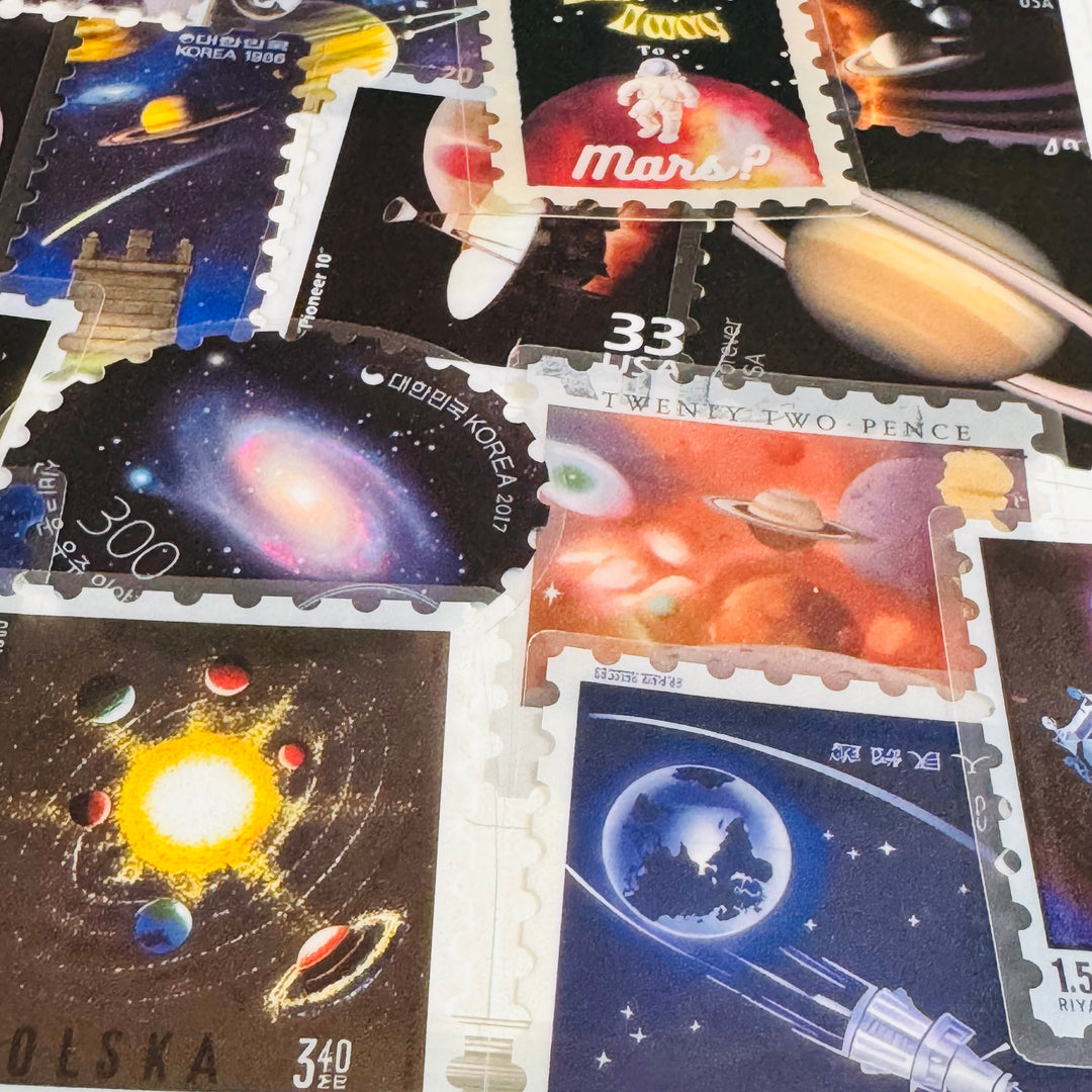 SCIENTIFIC GALAXY NIGHT SKY Space Stamp Peelable PET Stickers  ~ 55 Pieces ~ Approximately 2 Inches Each