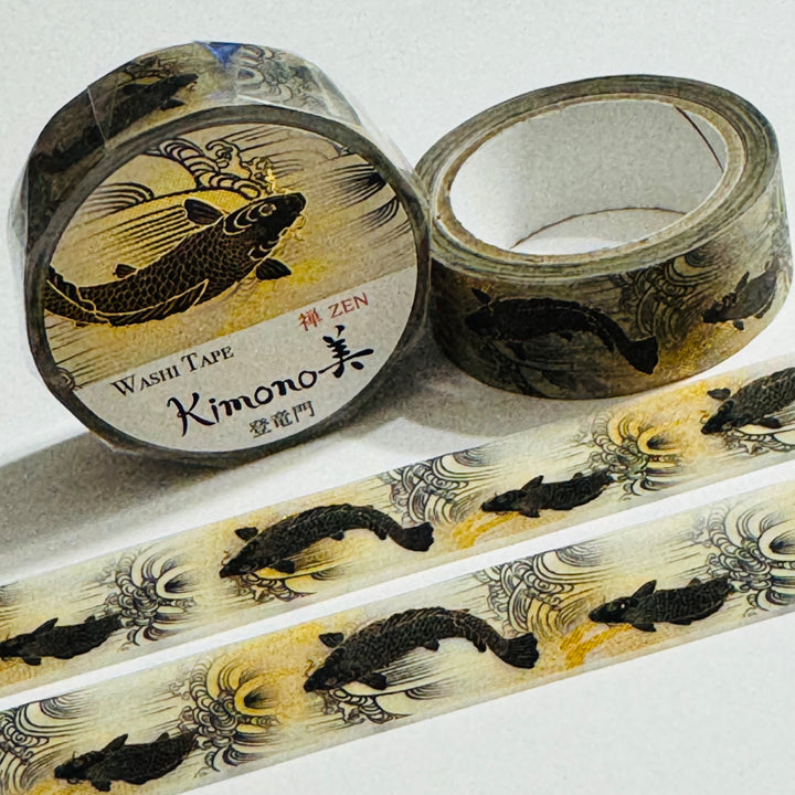 KIMONO BLACK & GOLD CARP Silver Foil Saien Washi Tape ~ 1 Roll ~ 15mm x 7m (23 Feet)