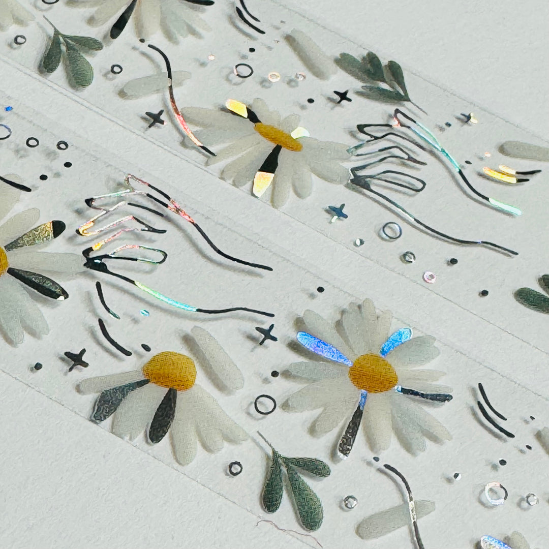 HE LOVES ME LOVES ME NOT Silver Foil Daisies Saien Masking PET Washi Tape ~ 1 Roll ~ 20mm x 3m (10 Feet)