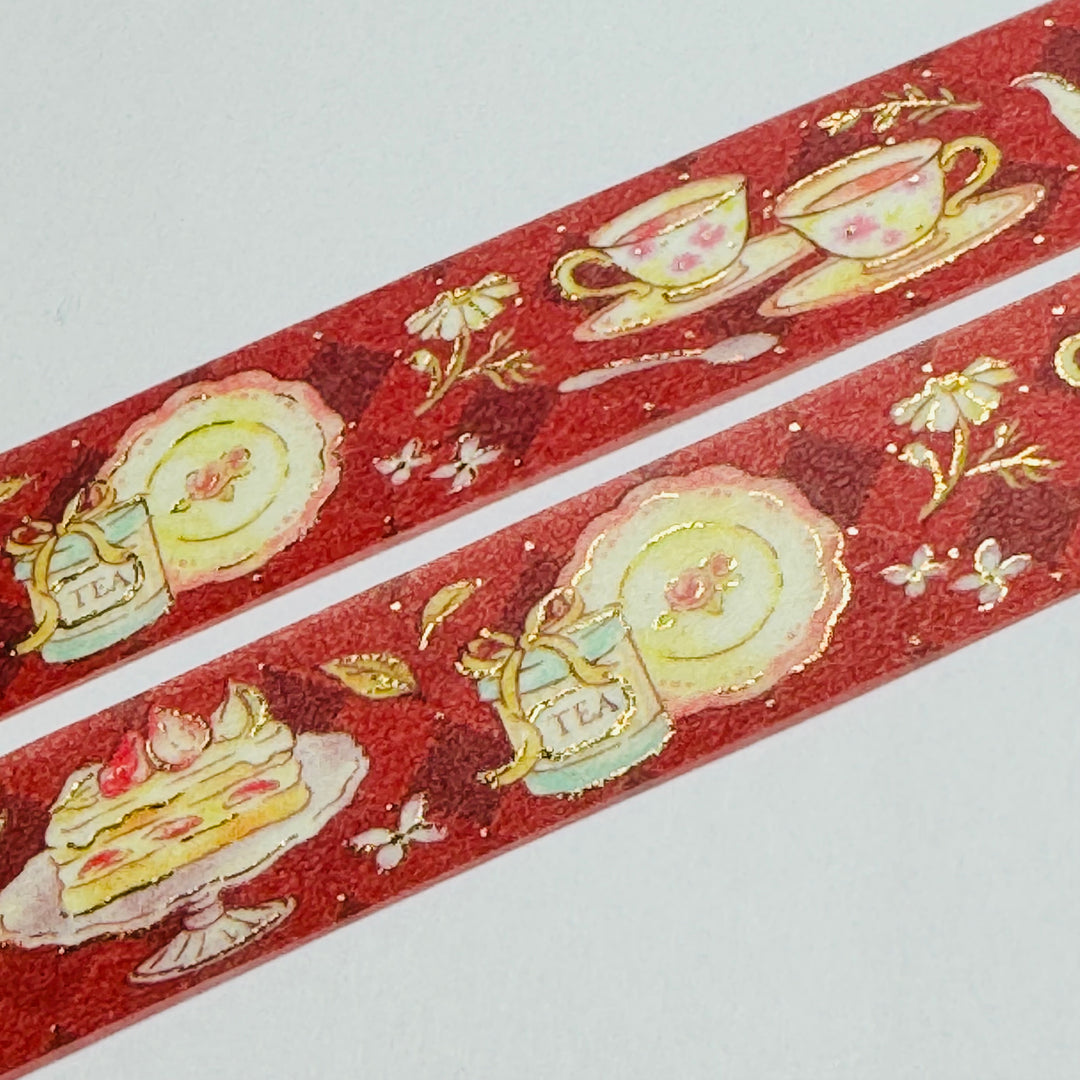 CLASSICAL TEA PARTY  Gold Foil Saien Masking Washi Tape - 1 Roll - 15mm x 7m (23 Feet)