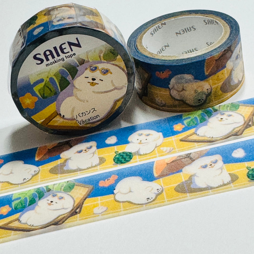 SUNBATHING PUPPIES On VACATION Saien Masking Washi Tape ~ 1 Roll ~ 20mm x 7m (23 Feet)
