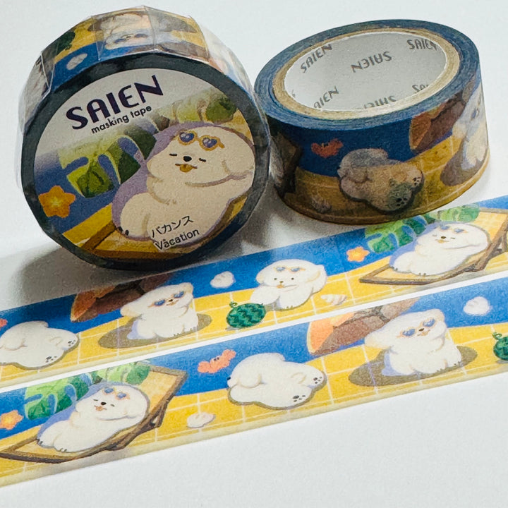 SUNBATHING PUPPIES On VACATION Saien Masking Washi Tape ~ 1 Roll ~ 20mm x 7m (23 Feet)