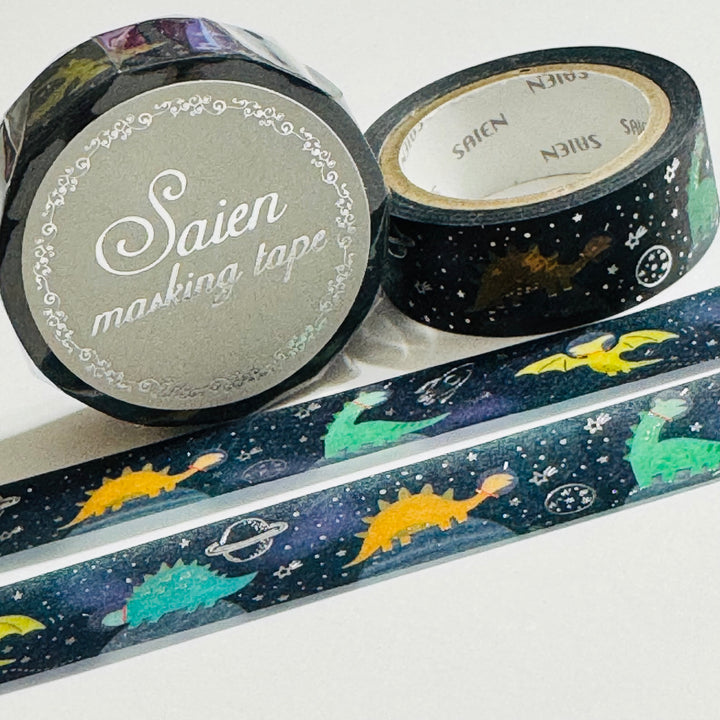 DINOSAURS In SPACE SILVER Foil Saien Masking Washi Tape ~ 1 Roll ~ 15mm x 7m (23 Feet)