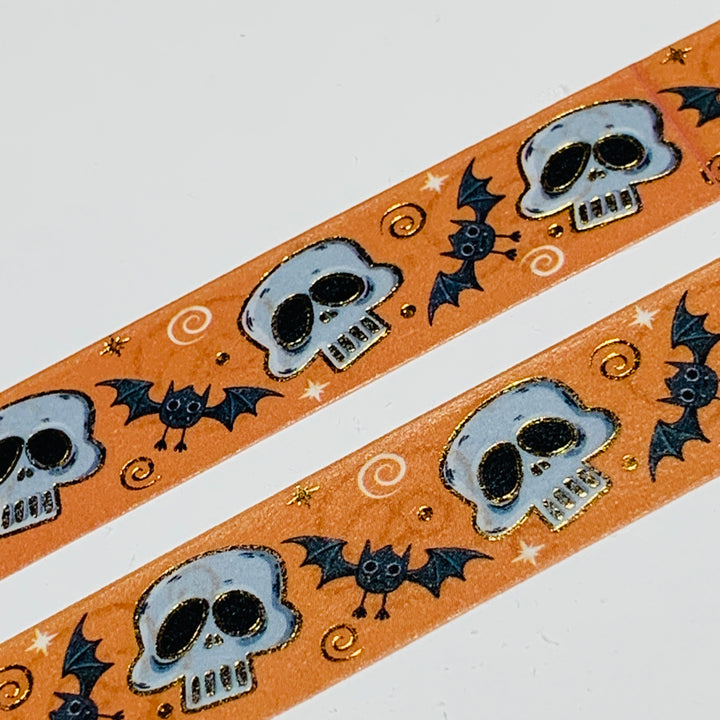 CRANIUM SKULL & BATS Gold Foil Halloween Washi Tape ~ 1 Roll ~ 15mm x 10m (33 Feet)