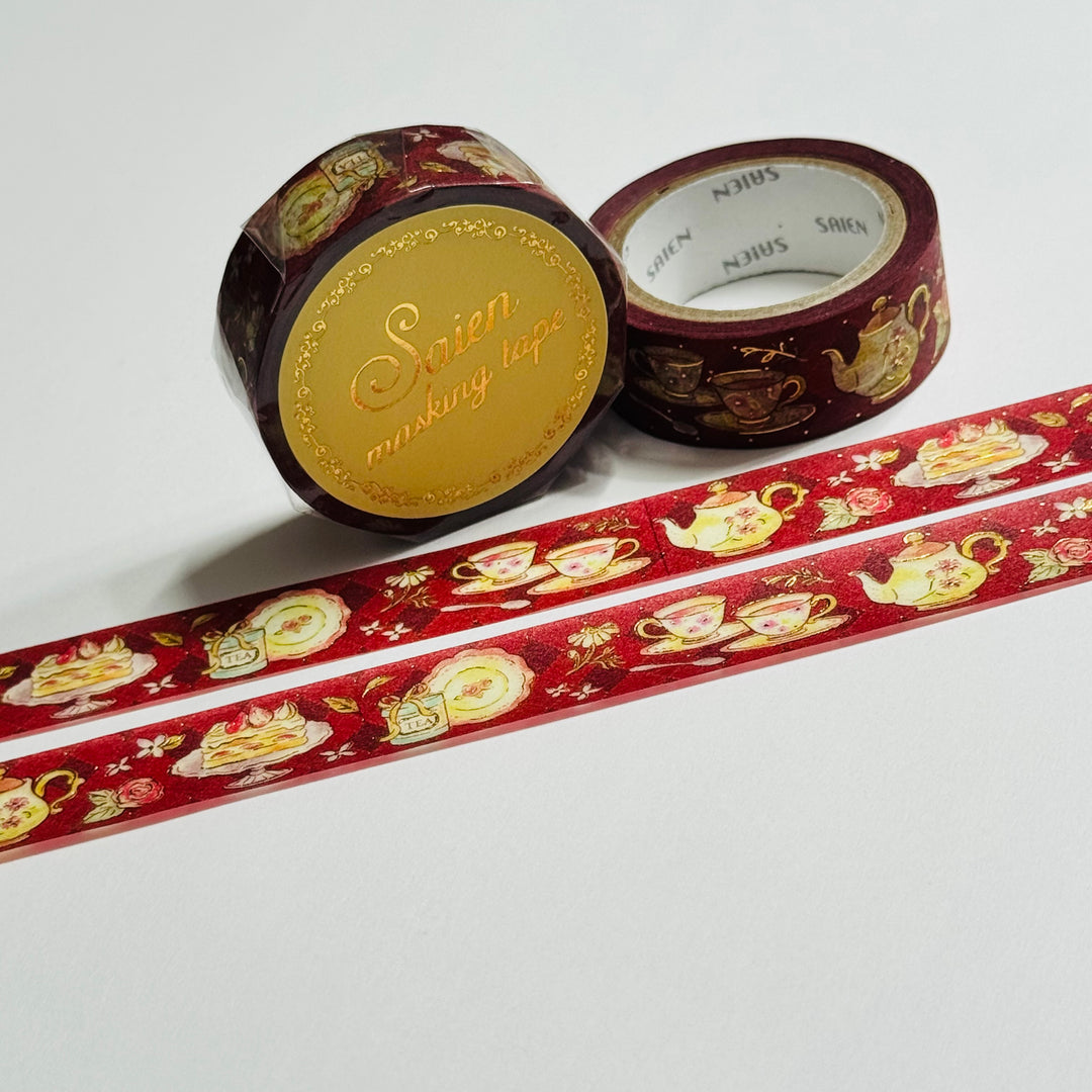CLASSICAL TEA PARTY  Gold Foil Saien Masking Washi Tape - 1 Roll - 15mm x 7m (23 Feet)
