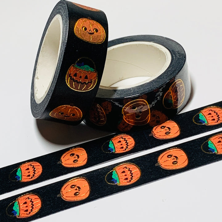 DECORATIVE JACK-O-LANTERNS IN Gold Foil Halloween Washi Tape ~ 1 Roll ~ 15mm x 10m (33 Feet)