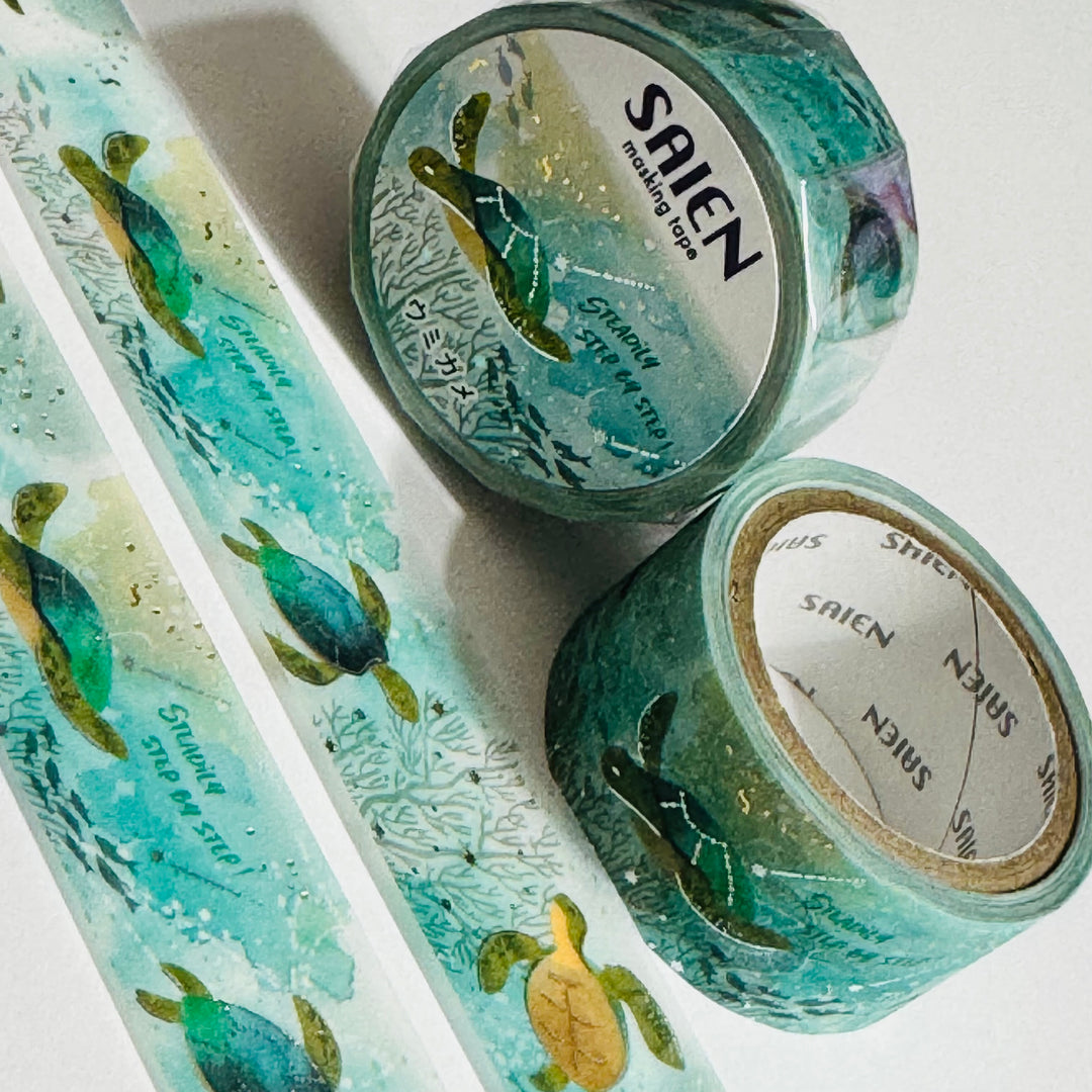 SWIMMING SEA TURTLES  Silver Foil Saien Masking Washi Tape ~ 1 Roll ~ 20mm x 5m (16 Feet)