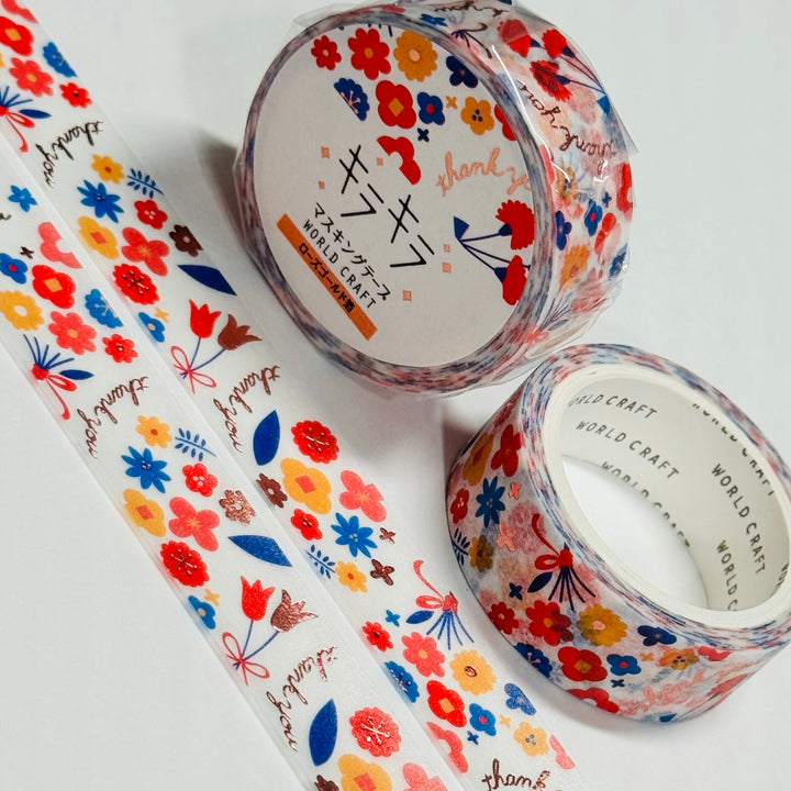 PATRIOTIC THANK YOU Rose Gold Flowers World Craft Washi Tape ~ 1 Roll ~ 15mm x 5m (16 Feet)