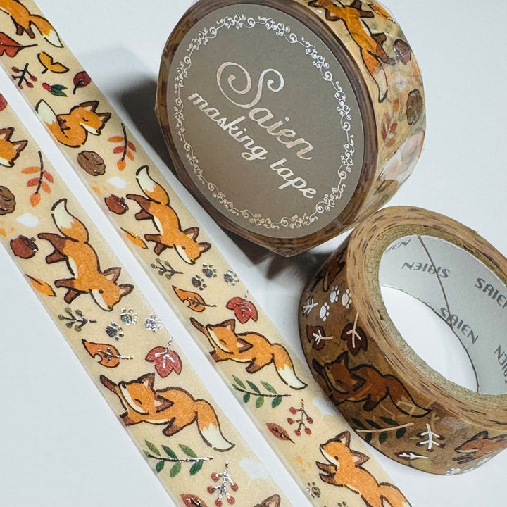 LITTLE FOXES In Silver Foil Saien Masking Washi Tape ~ 1 Roll ~ 15mm x 7m (23 Feet)