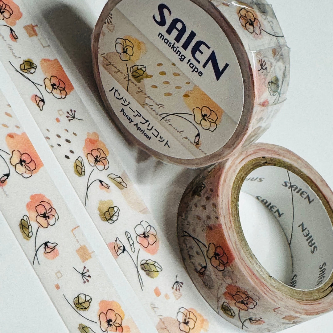 SKETCHED APRICOT PANSIES Floral Saien Masking Washi Tape ~ 1 Roll ~ 15mm x 7m (23 Feet)