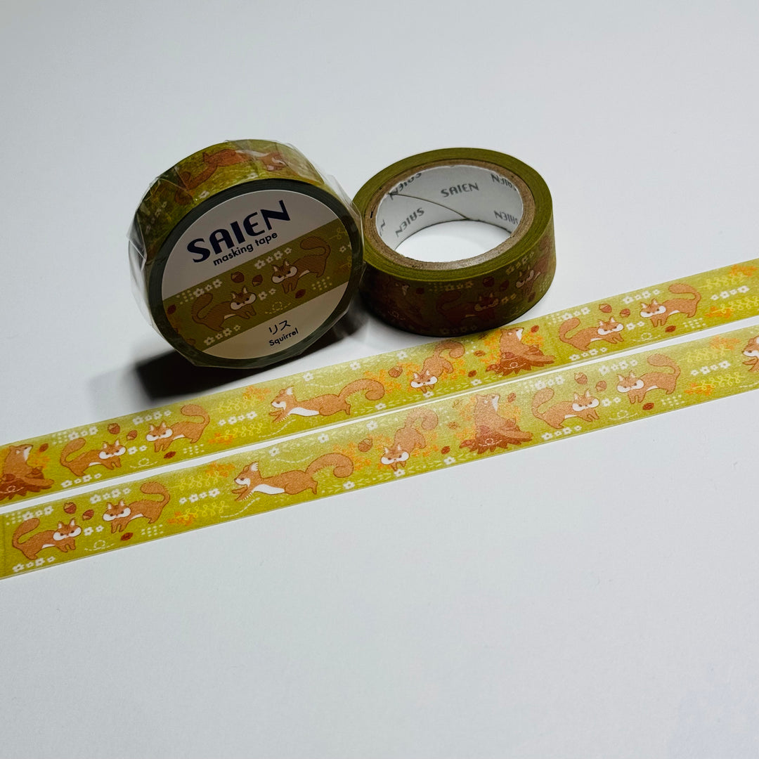 PLAYFUL SQUIRRELS Autumn Saien Masking Washi Tape ~ 1 Roll ~ 15mm x 7m (23 Feet)