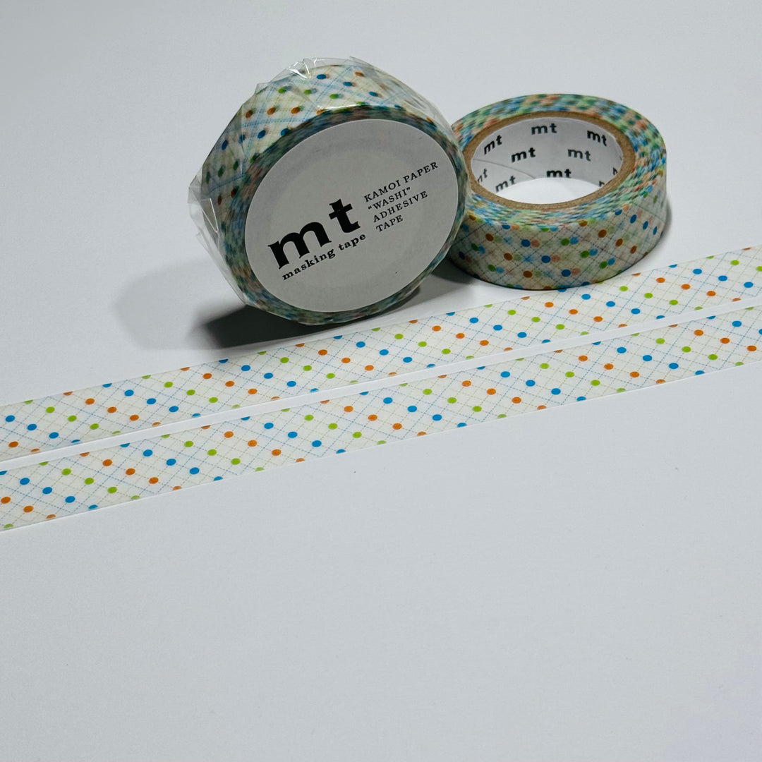 QUILTED GRID GREEN Dot Mt on White Washi Tape ~ 1 Roll ~ 15mm x 10m (33 Feet)