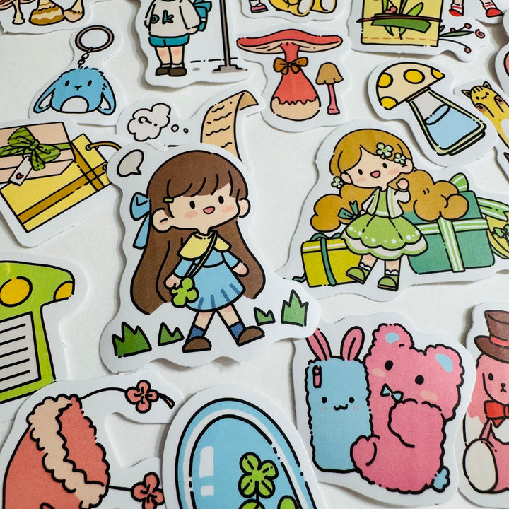 CUTE CARTOON GIRL PLAYTIME PVC Peelable Stickers  ~ 80 Pieces ~ 10-40mm Each