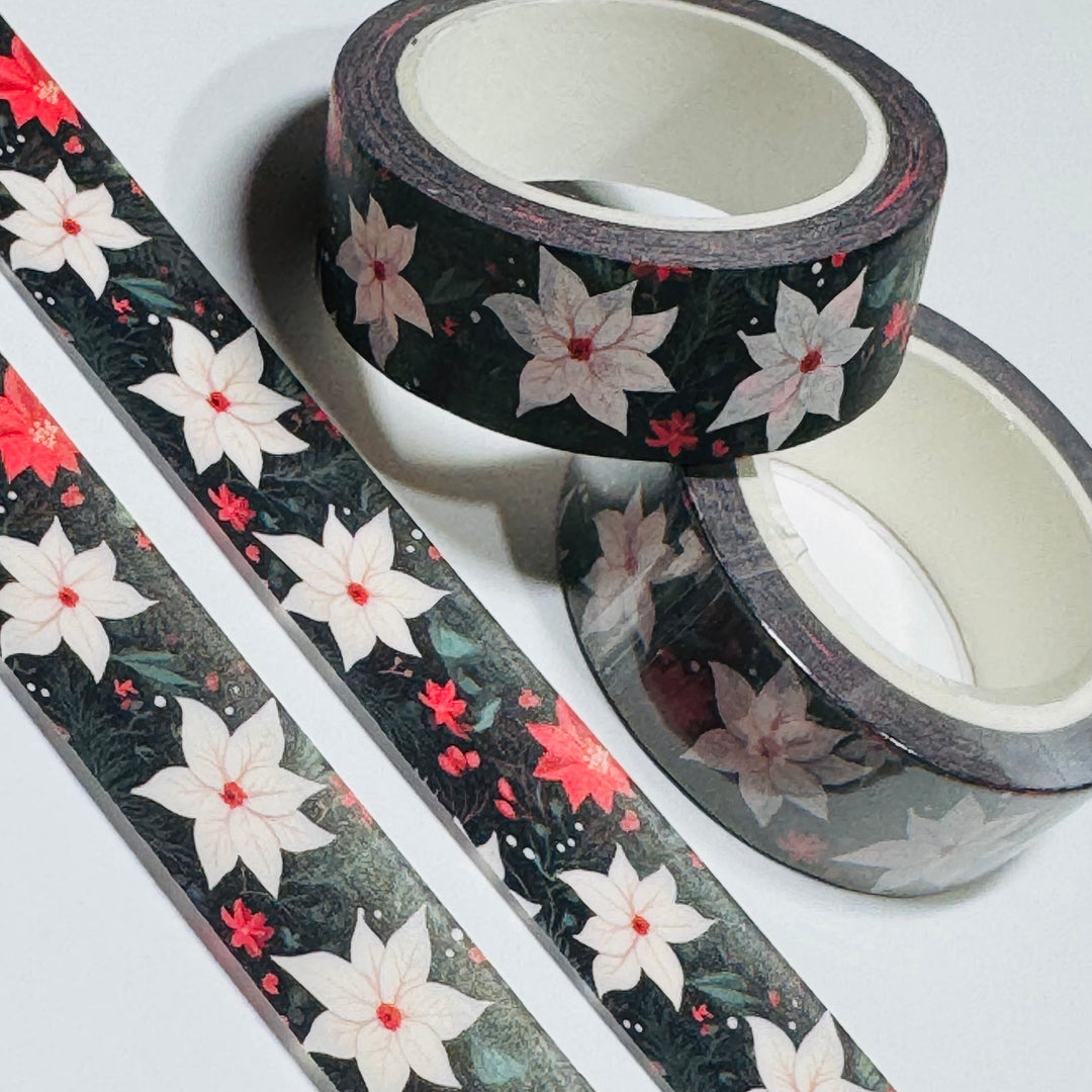 WHITE POINSETTIAS CHRISTMAS Washi Tape ~ 1 Roll ~ 15mm x 10m (33 Feet)